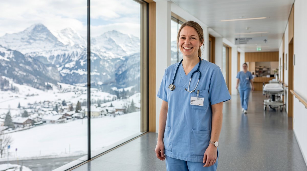 Une infirmière souriante dans le couloir d’un hôpital suisse, les Alpes enneigées derrière la fenêtre