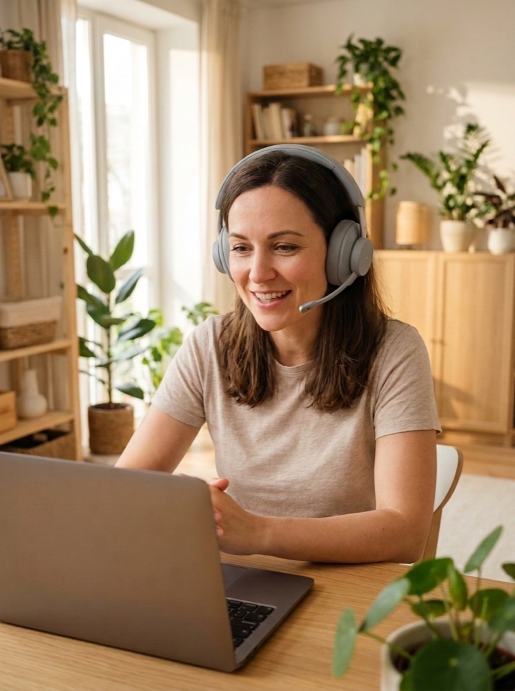 Séance à distance depuis chez soi, avec un ordinateur et un casque